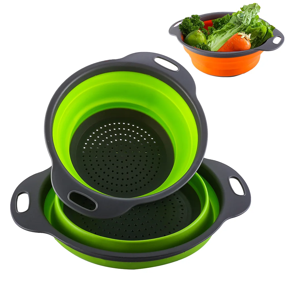

Large Size + Small Folding Drain Basket-Green Circle Drain Basket Extendable Fruit Brasket 2 Pieces Rubber-Plastic Fruit Basket