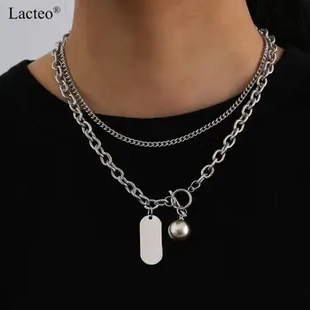 

Lacteo Hip Hop Stainless Steel Stick and Ring Square Sign Pendant Necklace Gothic Double Layer Dense Metal Chain Choker Necklace