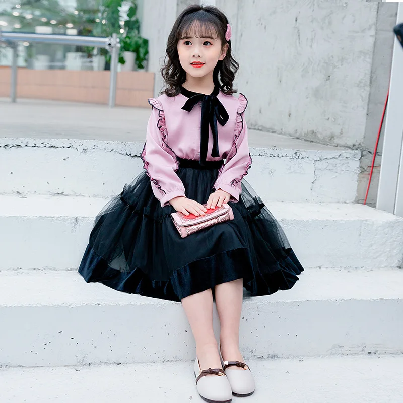 

2019 new children's sweet suit girl's autumn clothes Rainbow long sleeve patch pants two piece Skirt set Cowboy dress 4-13y 267