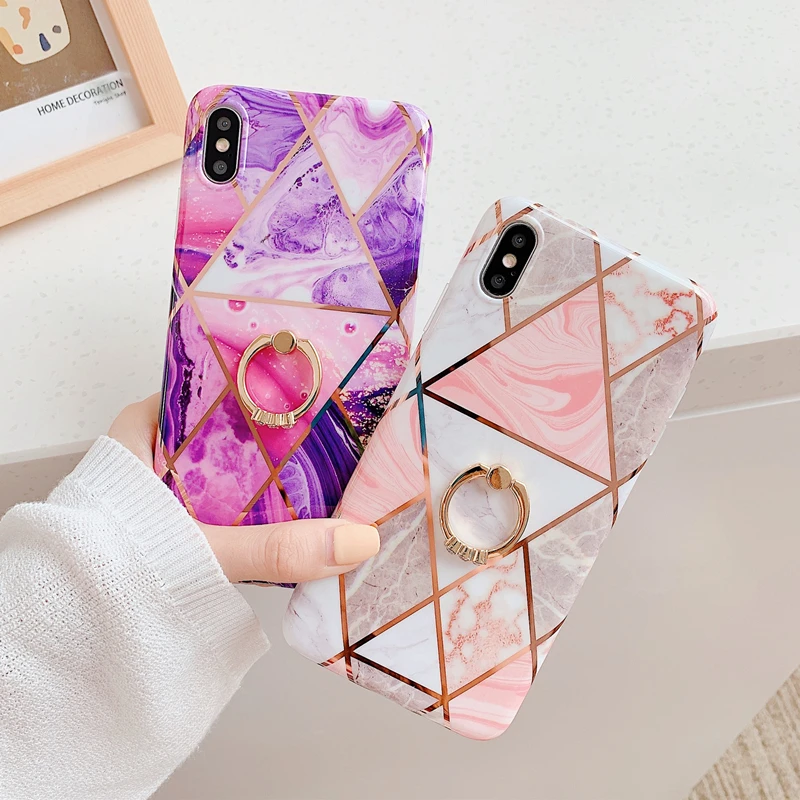 

Kickstand Ring Holder phone Case For iPhone XS MAX XR X 7 8 6S Plus Plating Geometry Pink Marble