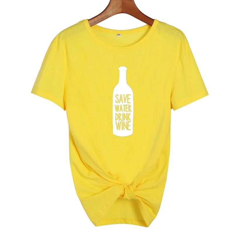 Забавная футболка с надписью «Save Water Drink Wine» и надписью «Wine Lovers», женские готические вечерние футболки в стиле Харадзюку, женская одежда, модные футболки - Цвет: yellow-white