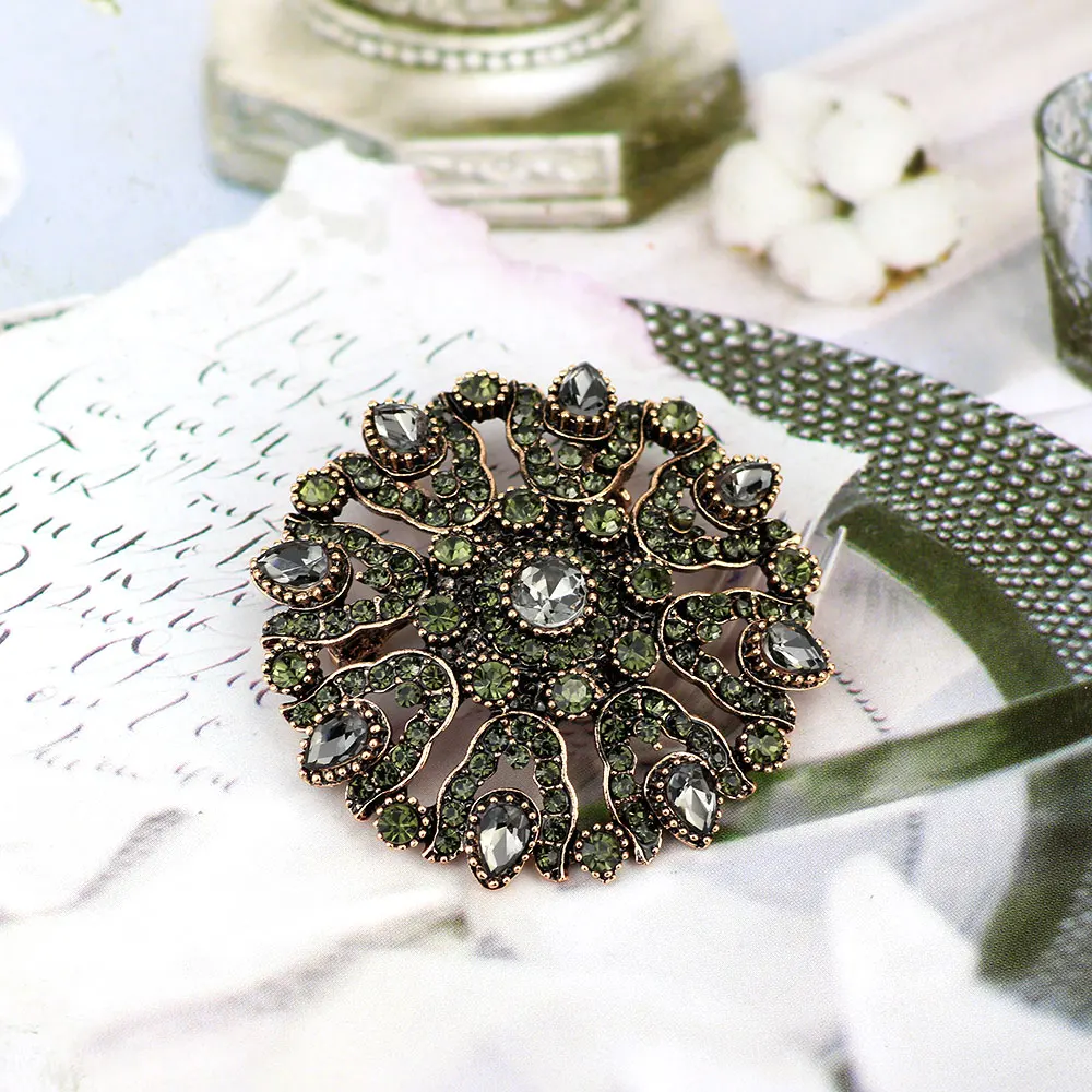 Ancienne grande broche vintage strass bleu rose