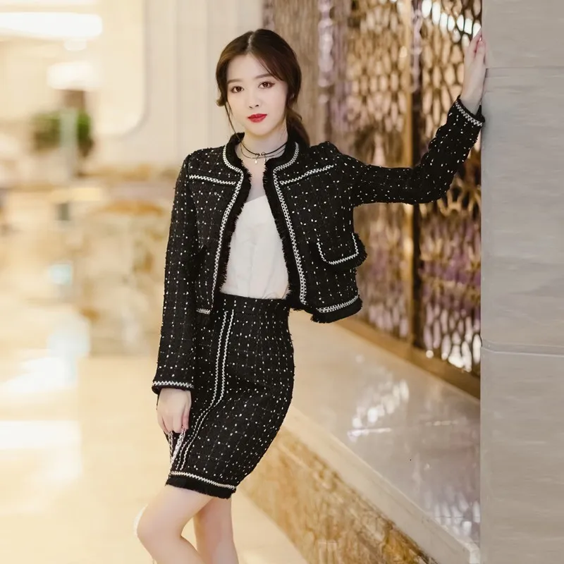 2020 Осенняя мода твид с кисточками Женский комплект из двух частей черный женский