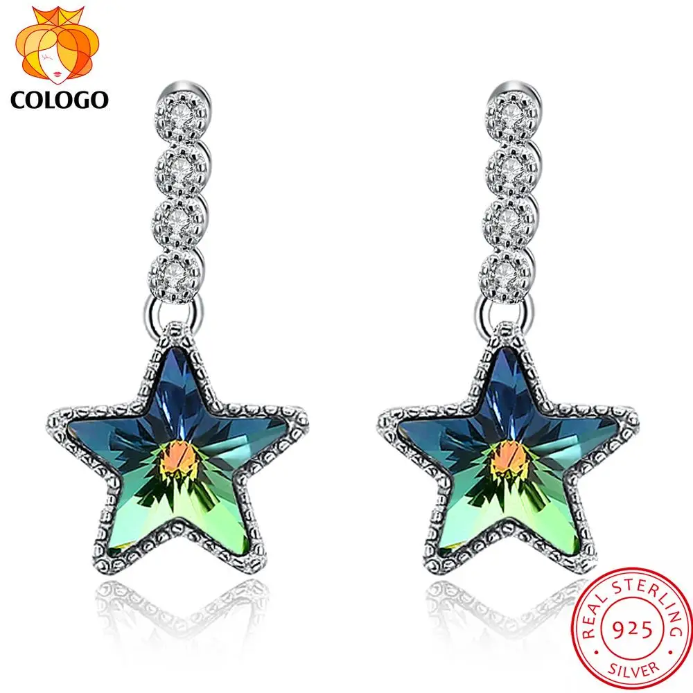 

COLOGO Real 925 Sterling Silver Sparkling Colorful crystal star Long Earrings For Women Party Jewelry Anniversary Gift LKN0014