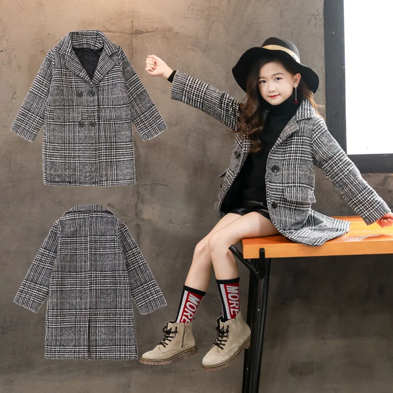 

Girls Duffle Coat 2019 Autumn And Winter Korean-style Gray Plaid Thousands of Birds Jacket Big Boy Woolen Jacket
