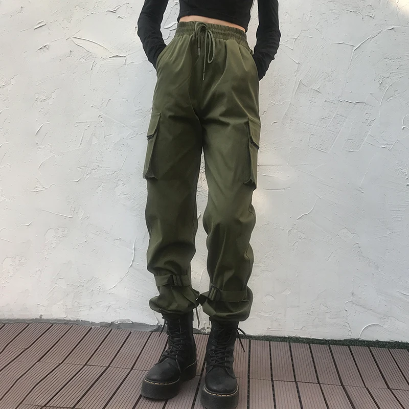 Rapwriter Fashion Drawstring Elastic High Waist Cargo Pants Women Autumn Straight Loose Black Trousers Pantalon Femme Green