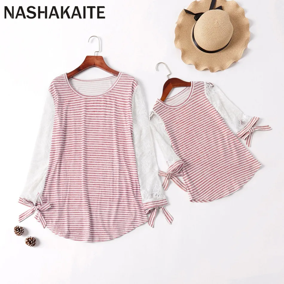 NASHAKAITE Mom Daughter Tops Family tshirt Three Quarter Lace Striped Bandage T-shirt Baby girl clothes Mommy and me clothes