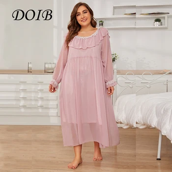 

DOIB Women Lotus Sleepwear Dress Lace Patchwork Ruffle Plus Size Nightwear Vintage Homewear Nighgowns Summer Dress