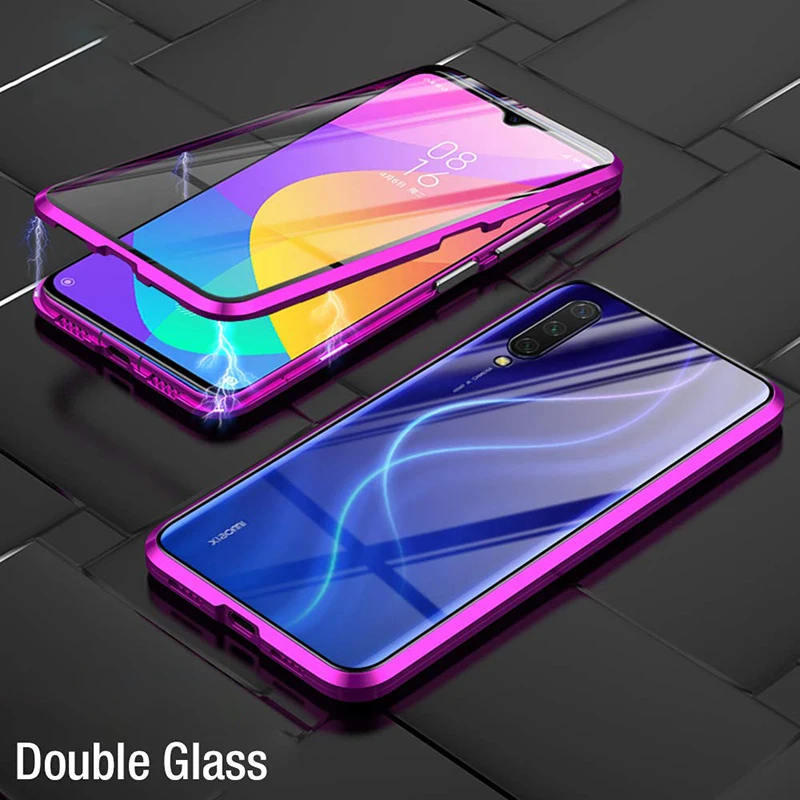 Двухстороннее закаленное стекло для Xiaomi Redmi Note 7 Note7Pro магнитное поглощение 360 чехлы для телефонов металлическая откидная задняя крышка Note7 Pro - Цвет: Purple Double Glass