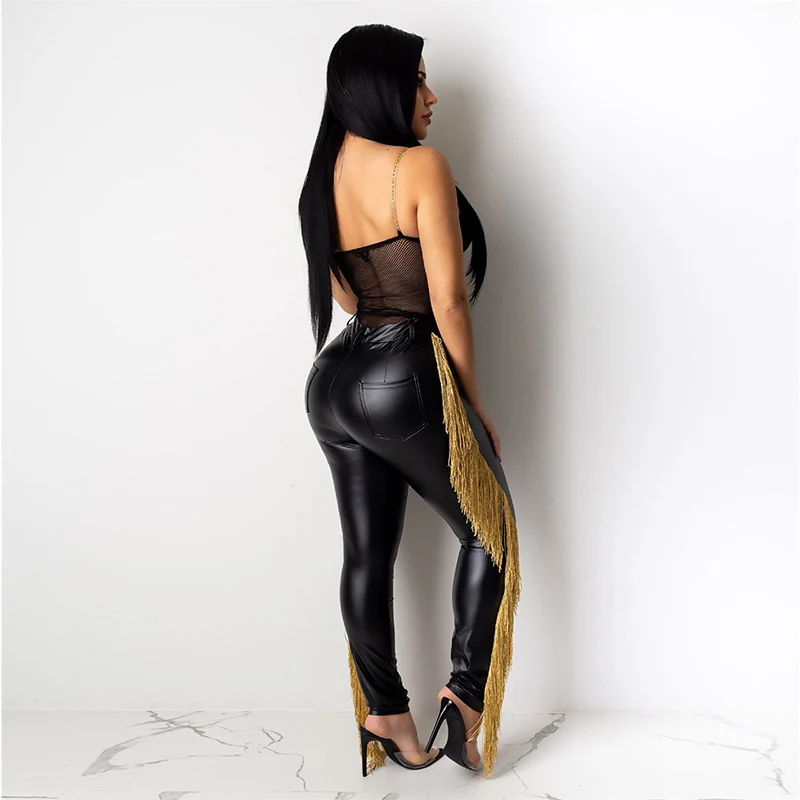 Casual PU Leather Tassel Pants Slinky Pencil Pants Elasticity High Waist Pants Streetwear Trousers Plus Size Women