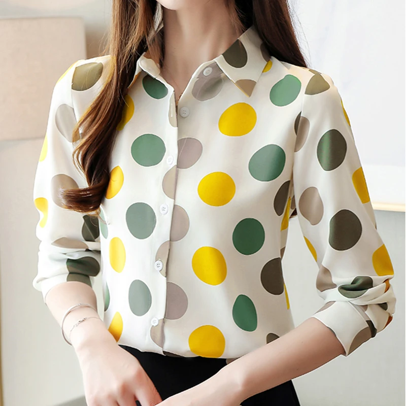  Korean Autumn Women Shirts Woman Chiffon Blouses Woman Dot Blouse Shirt Plus Size Womens Tops and B