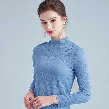 

Women's spring and autumn solid color lace solid color hollow long-sleeved T-shirt red