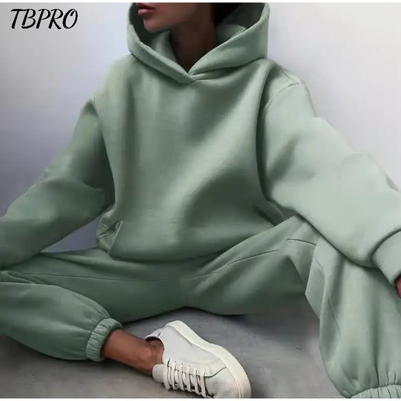 Women's Tracksuit Casual Solid Long Sleeve Hooded Sport Suits Autumn Warm Hoodie Sweatshirts and Pant Fleece Two Piece Sets |