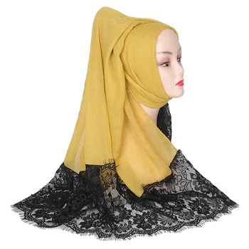 

2020 New Product Lace Cotton Women Long Hijab Scarf Muslim Lady Headband Caps Islam Clothing Turkish Turban Shawl Headscarves