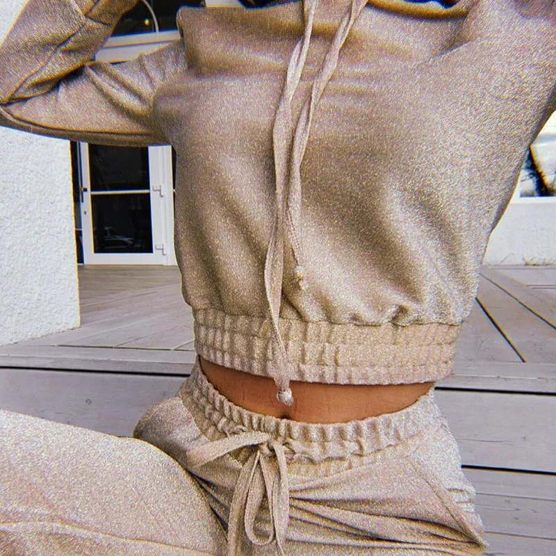 

2019 Winter Shine Tracksuit Female 2 Two Piece Set Outfits Women Slim Knit Silver Line Hooded Sweatshirt + Sportwear Pants Suit