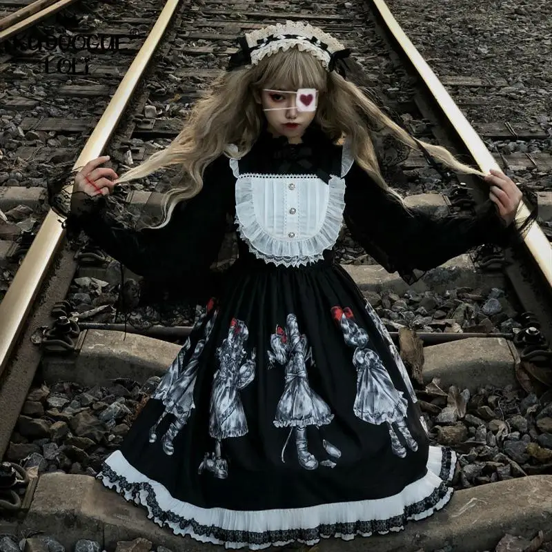 Женское готическое платье Lolita с кукольным принтом и оборками темно-черное в