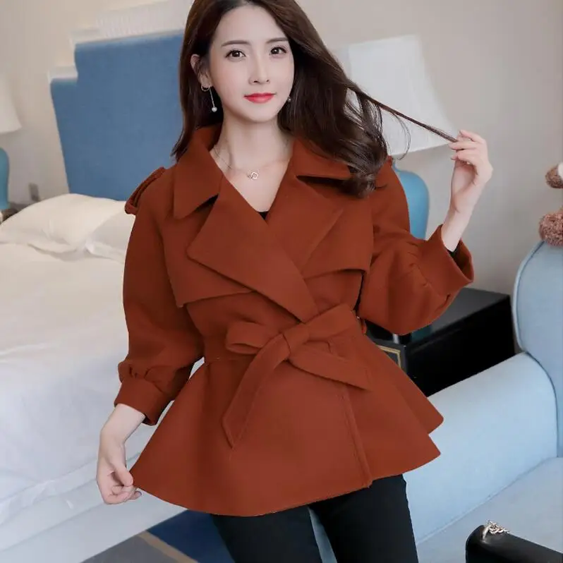 caramel Зимнее женское приталенное элегантное шерстяное пальто с отложным воротником, женское короткое пальто из смешанной ткани с рукавами-фонариками - Цвет: caramel