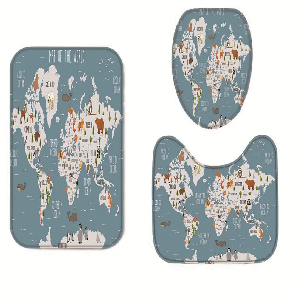 Blue-3pcs Набор ковриков для ванной карты 180x180 см печать водонепроницаемый Душ занавес Противоскользящий туалет коврик для ванной dywaniki lazienkowe cortina - Цвет: Blue-3pcs