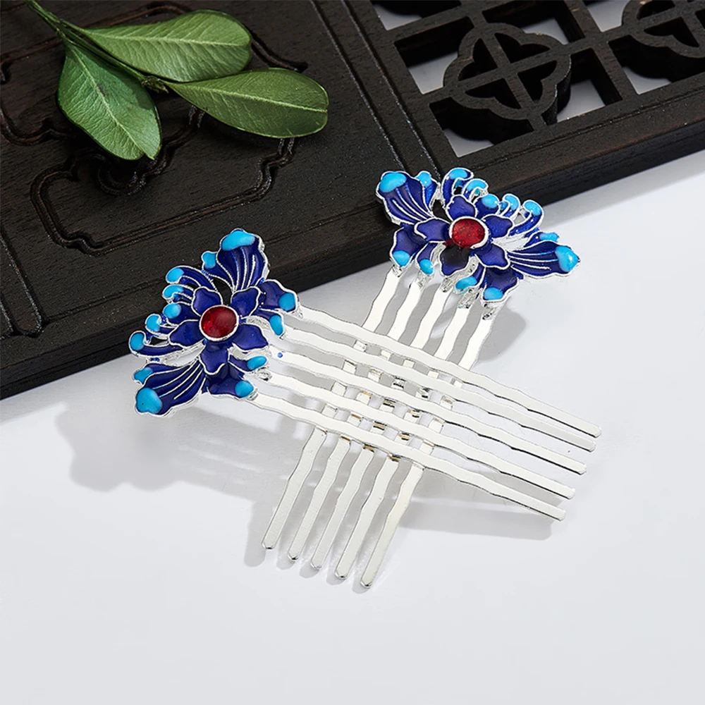

Chinese Hanfu Rhinestone Hair Comb Traditional Style Delicate Hairpin Cloisonne Elegant Wedding Blue Green Lotus Headdress
