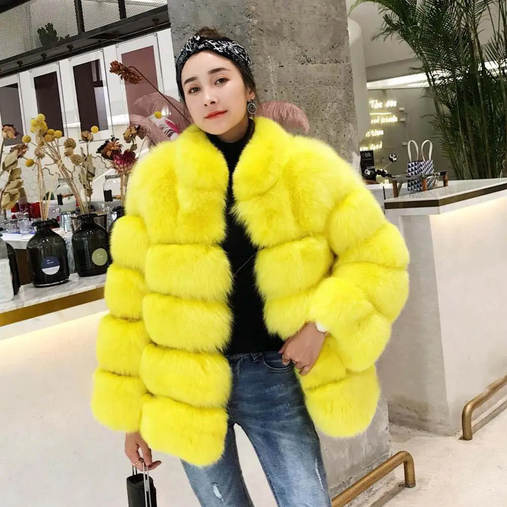 Furealux стиль натуральный мех пальто натуральный мех куртка свободный стиль Женская зимняя теплая кожаная шуба из лисьего меха высокое качество - Цвет: yellow deign 2