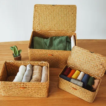 

Manual Woven Storage Basket Lid Rattan Sundries Storage Box Wicker Basket Handmade Sorting Boxes for clothes Trinkets