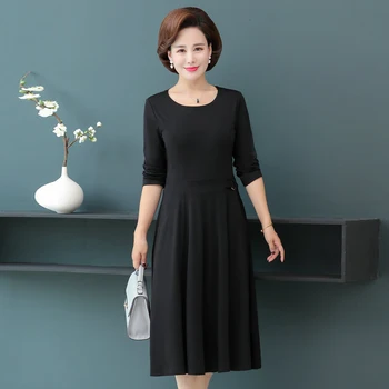 

Pure Colour Elegant Dress Office Lady Smart Casual Knee Length Round Collar Long Sleeve Red Black One Piece Autumn Dresses Women