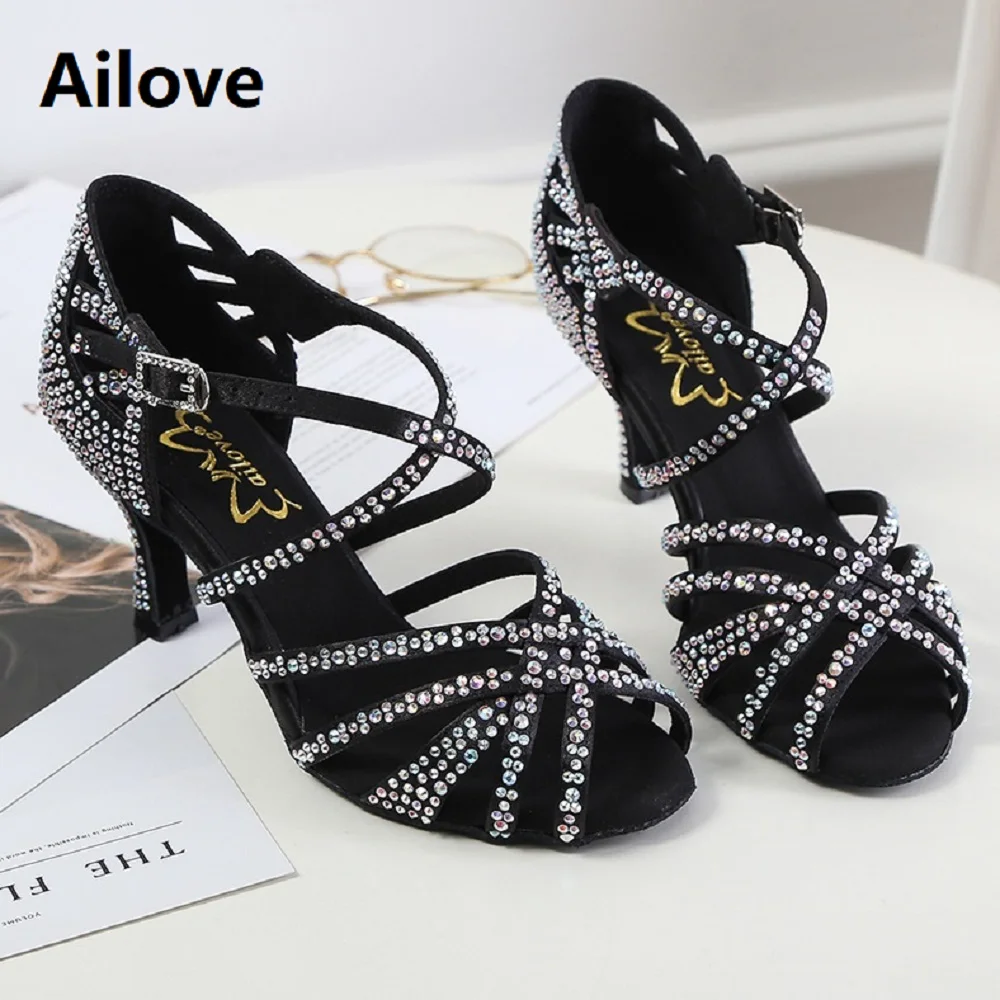 Rhinestone Ballroom Latin Sandals Handmade Professional Salsa Dance Shoes Party Wedding Soft Rubber/Suede Sole Heels ALS015 | Спорт и