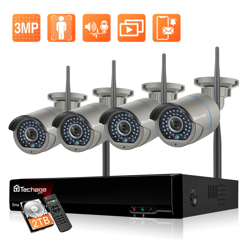 Techage 3MP Surveillance Camera Set 8CH Wireless NVR Kit H.265 Two Way Audio Recording CCTV System Outdoor WiFi IP Camera Set