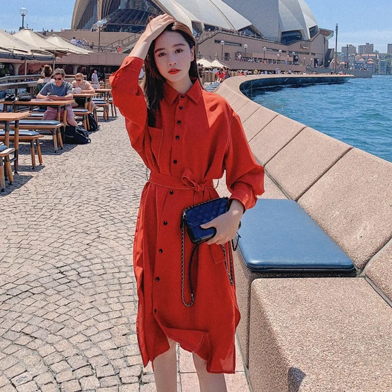 

Photo Shoot South Korea CHIC Brick Red Fold-down Collar Elegant Waist Hugging Lace-up Ol Shirt Dress Women's Open Wire Single Br