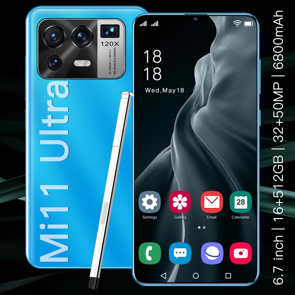 Global Version Unlock Smartphone Mi11 Ultra 6.7 Inch Smartphone 16+512G 6800mAh 32+50MP HD Screen Mobile Phone 5G Android Phone