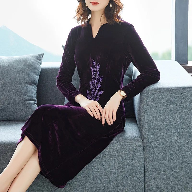 

A- line Skirt 2020 New Style Spring Green Velvet Embroidered Stand Collar Slim Fit Slimming Dress Women's Mid-length