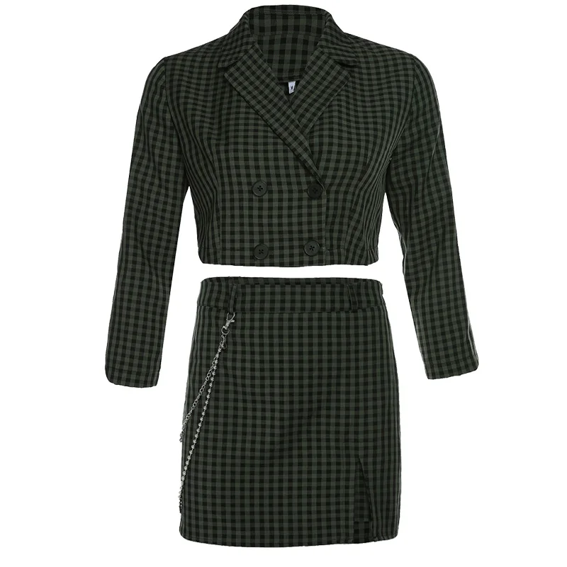 Darlingaga модный винтажный клетчатый комплект из двух предметов, Осенние клетчатые одинаковые комплекты, укороченный пиджак, пальто и юбка с цепочкой, женский костюм - Цвет: Set