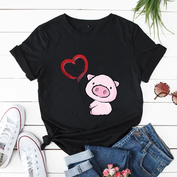 

Cartoon Tees Love Pig Printing Plus Size Women T Shirts Multi Colors Female Cotton T-shirts Short Sleeve Lady Casual Loose Tops