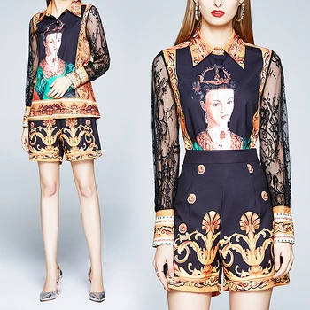 

High Fashion Summer Clothes Two Piece Set Women Chic Lace Full Sleeve Print Shirt Women Blouse And High Waist Short Pants SL512