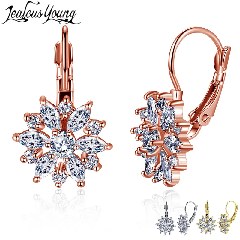 

Fashion Rose Gold Color Hoop Earrings Flower Cluster Clear Crystal Zirconia Earrings for Women Hoops Jewelry Brincos