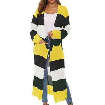 

Plus Size Fashion Women Rainbow Color Block Long Knitted Slit Cardigan Sweater
