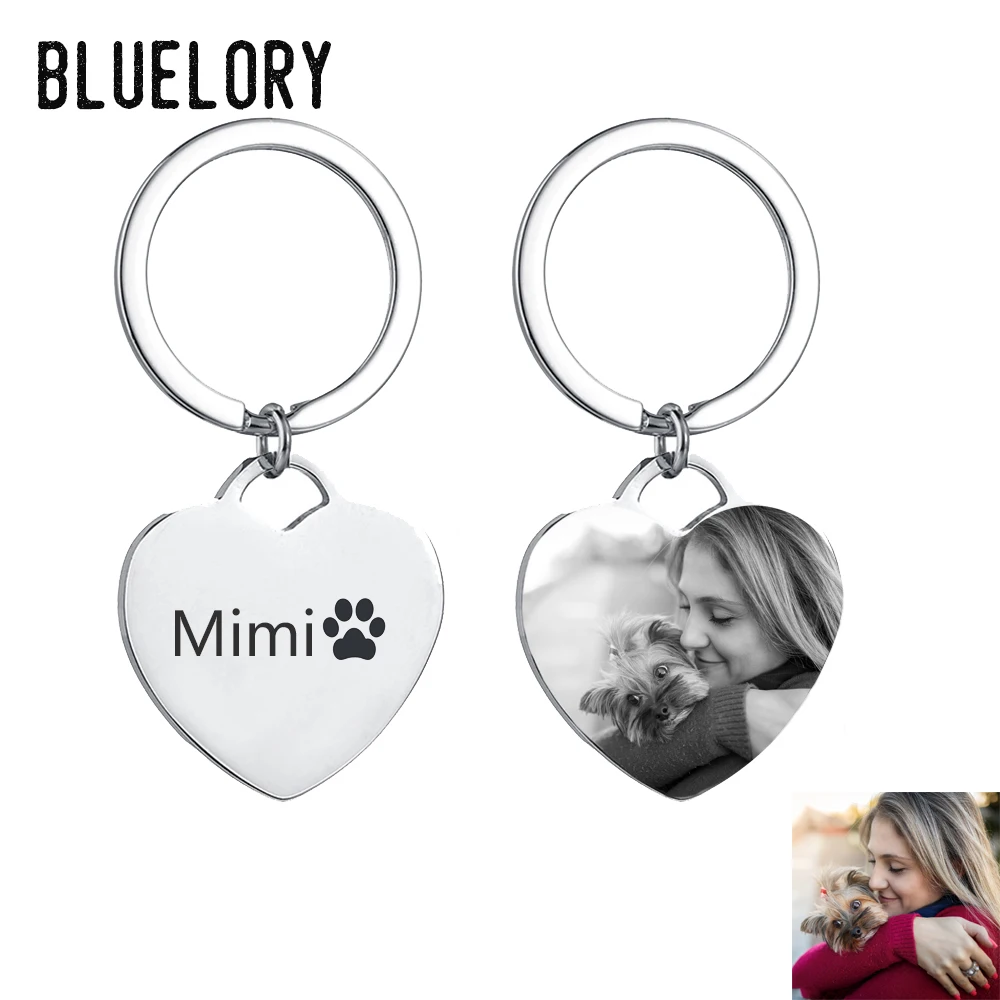 

Bluelory Personalized Laser Engraved Pet Photo Name Heart Keychain Never Fade Stainless Steel Custom Keyring For Dog Cat Lovers