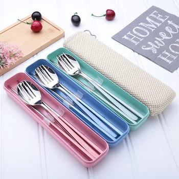

Stainless Steel Dinner Set Chopsticks Fork Spoon Box Portable Travel Camping Cutlery Tableware Set Dinnerware Case Kit