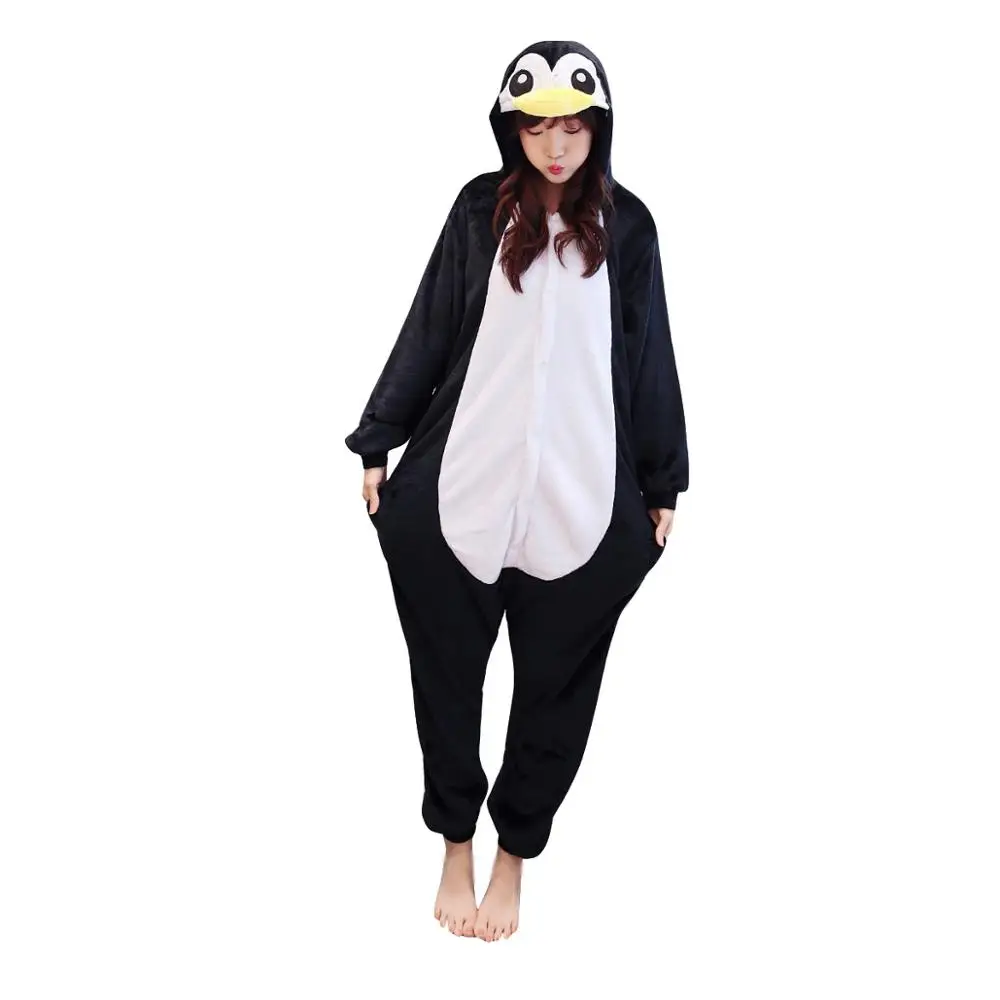 

Unisex Adults Animal Pajamas Anime Onesie Black Penguin Flannel Cartoon Cute Warm Cosplay Sleepwear