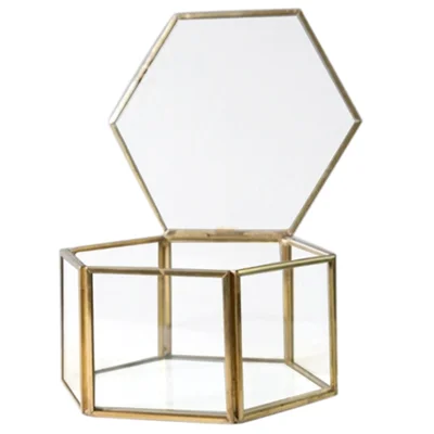 NOOLIM Стекло в виде геометрических фигур контейнер коробка для кольца макияж организатор ящик для хранения ювелирных изделий вечный цветок микро-ландшафтное стекло крышка - Цвет: Gold 7.5 x 7 x 4.5cm
