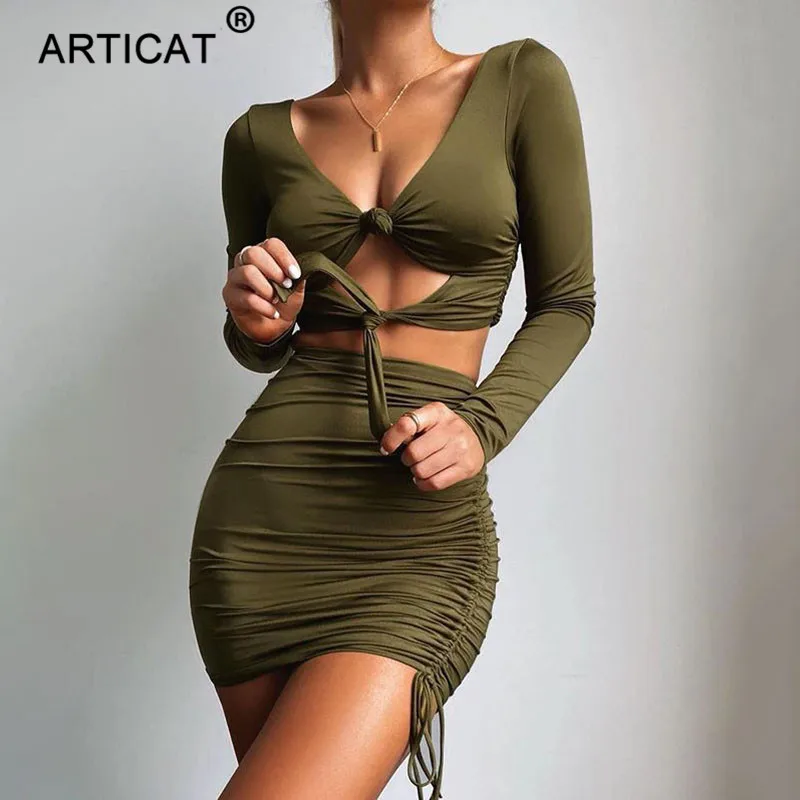 

Articat Two Piece Set Dress Women V Neck Long Sleeve Cropped Bandage Bodycon Dress High Waist Ruched Party Dress Casual Vestidos