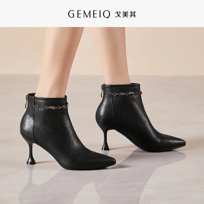 

GEMEIQ Women's Boots Winter New Warm Short Boots Women's rear zipper diamond decorated high heels elegant fashion shoes