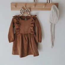 Осенне-зимнее платье для маленьких девочек Хлопковое платье принцессы с оборками и длинными рукавами детское вельветовое Плиссированное модное платье для малышей