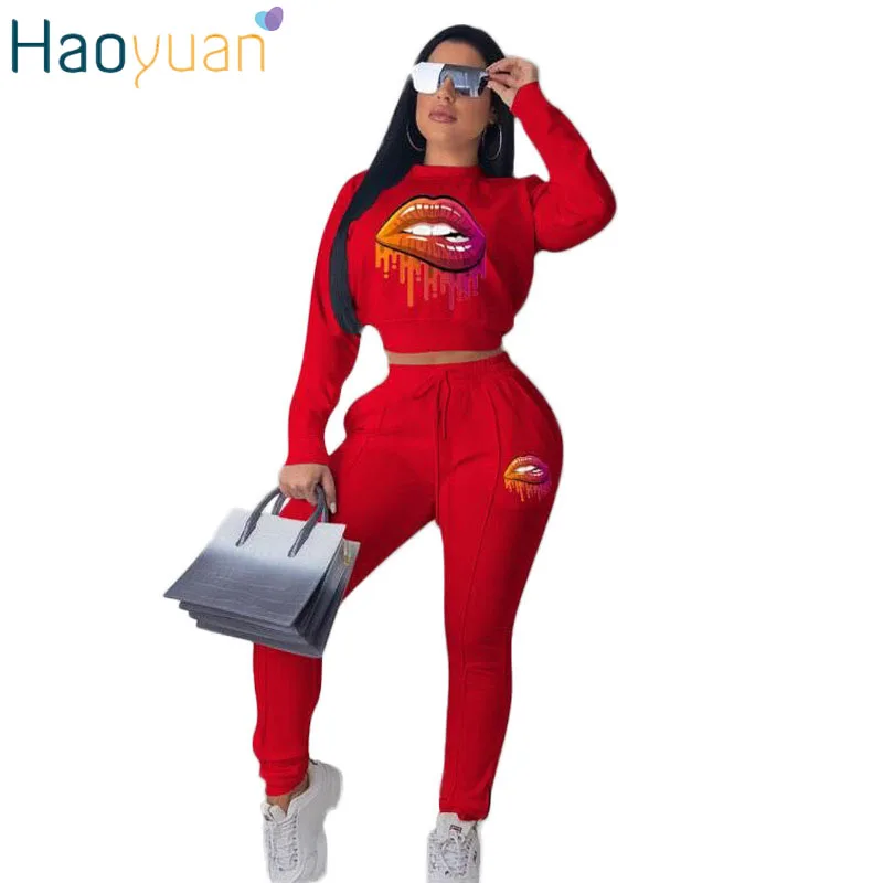 

HAOYUAN Lips Print Two Piece Set Long Sleeve Crop Tops and Pants Matching Sets Fall Streetwear Sexy Casual 2 Piece Outfits Set