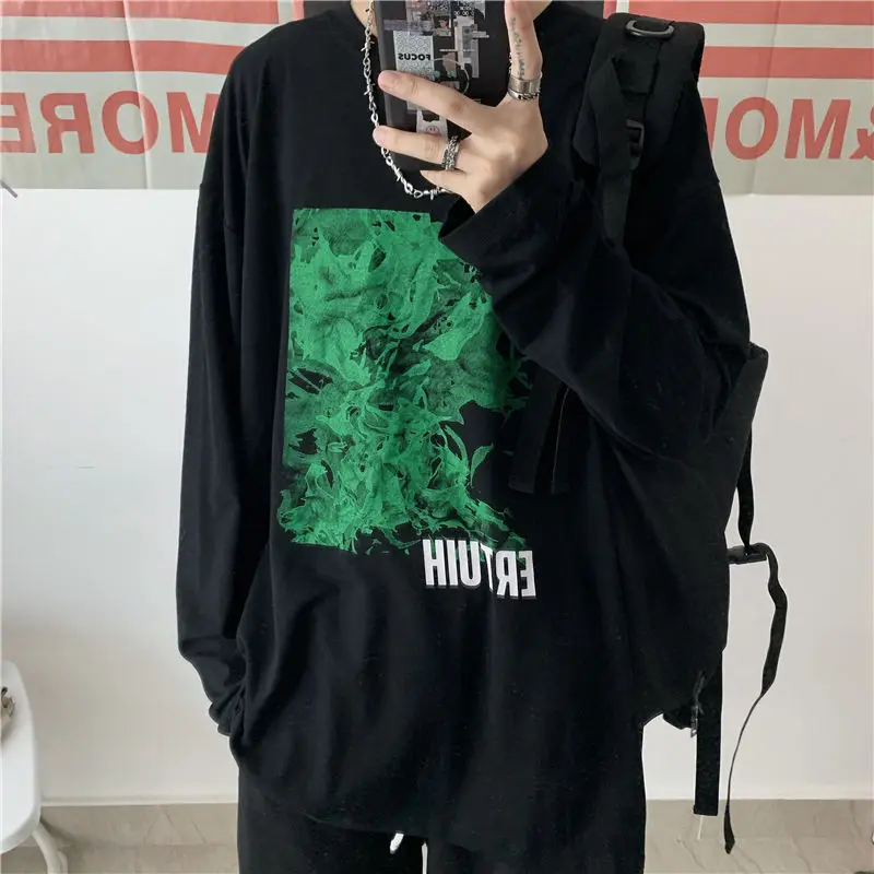 

Men's T Shirt 2020 Autumn new slim solid color falling shoulder shirt flame print long sleeve T shirt casual youth men's wear