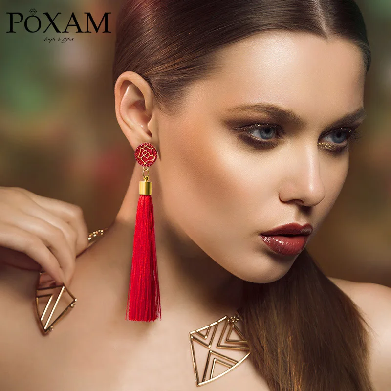 POXAM модные длинные серьги в богемном стиле с бахромой и кристаллами, ювелирные изделия из желтого и красного шелка, висячие серьги с ниспадающими кисточками для женщин