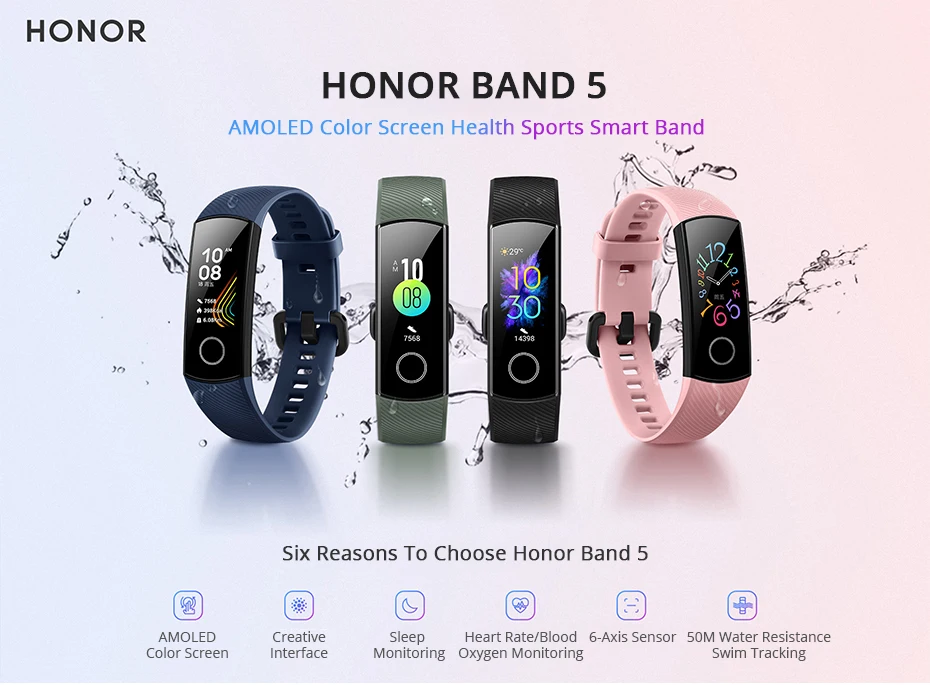 Смарт-браслет huawei Honor Band 5 с сердечным ритмом и фитнес-трекером, AMOLED, 4 цвета, экран, смарт-браслет