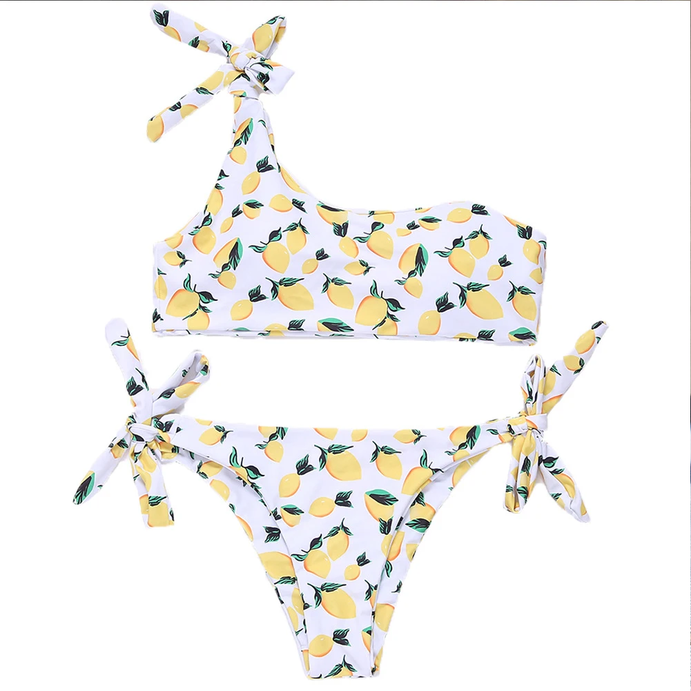 

Women Fashion One-shoulder Lace-up Printed Split Swimsuit Bikini Set