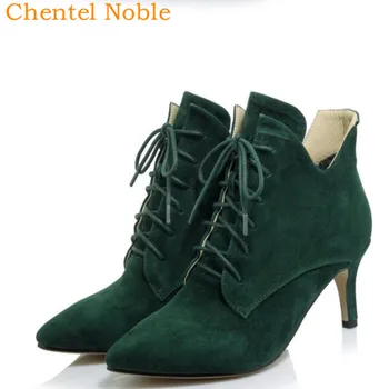 

2019 Brand Chentel Women Short Boots Ankle Boots Fashionable Lace-Up High Heels Dress Boots Dark Green Gray Black Color 35-39