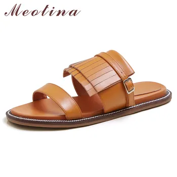 

Meotina Fringe Natural Genuine Leather Flat Slippers Round Toe Slides Women Fashion Sandals Summer New Big Size 40 Brown White